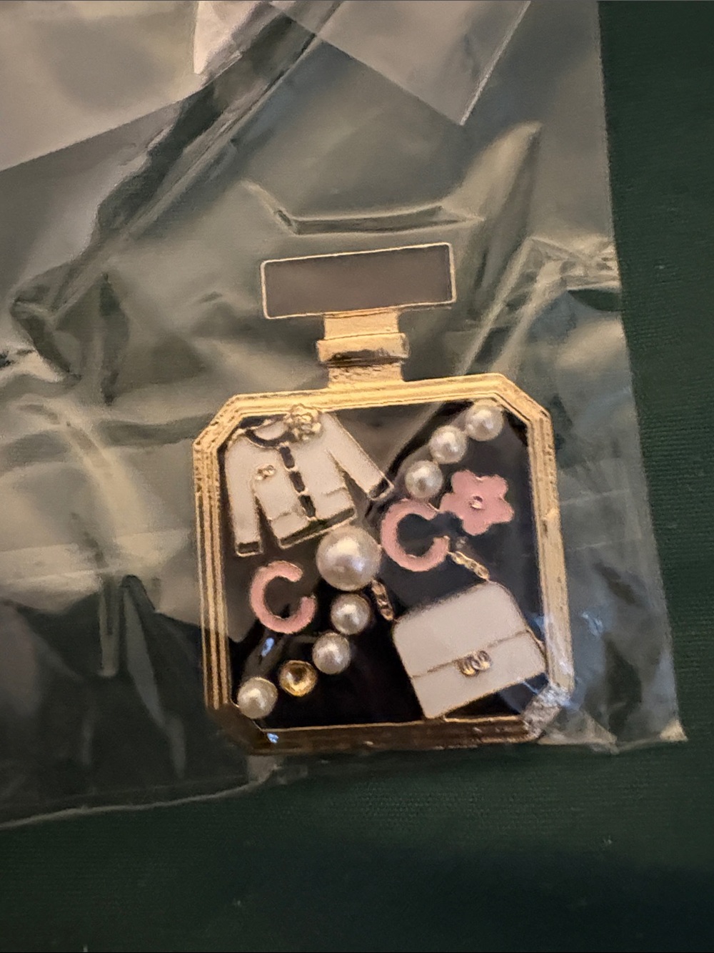 Gold-Tone Black Enamel Fashion Brooch with Pink & White Accents